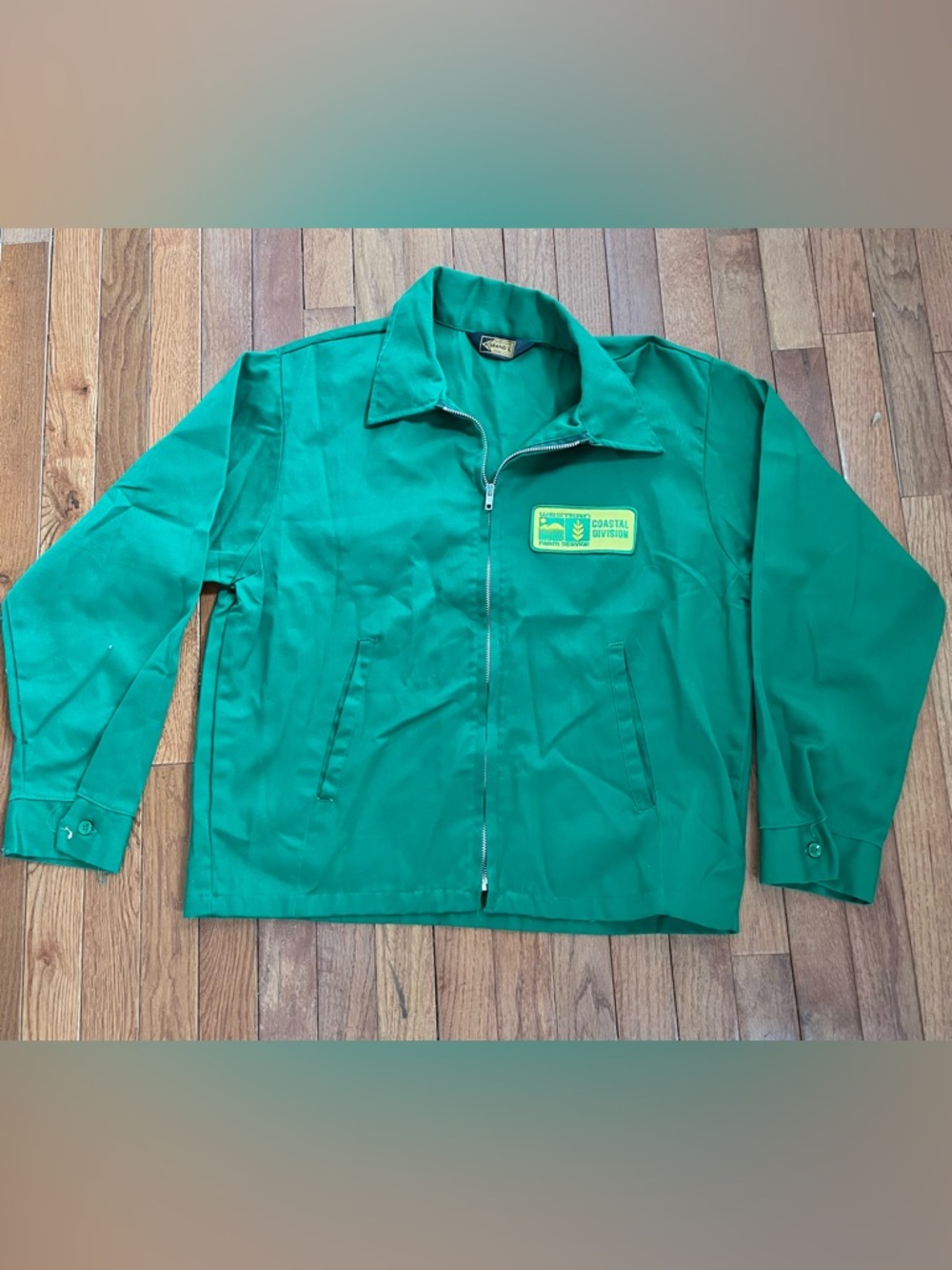 Vintage K Brand Work Jacket Green Western Farm Service Patch USA L Zip